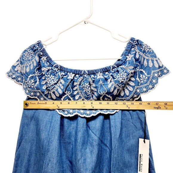 Blue Off-Shoulder Womens Embroidered dress Monde Size S - Picture 3 of 10